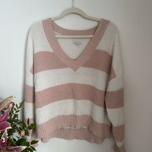 Striped Pink and White V-Neck Sweater